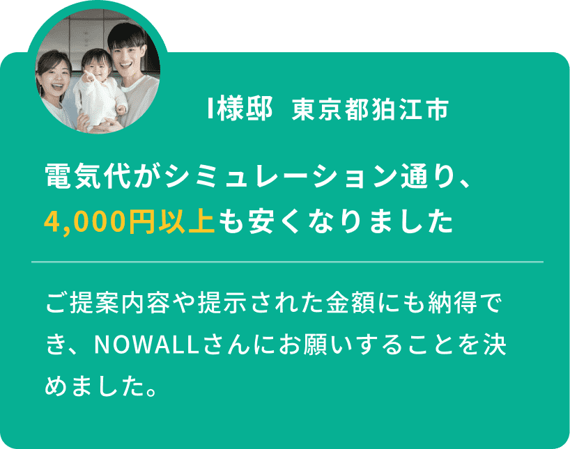 I様邸 東京都狛江市 電気代がシミュレーション通り、4,000円以上も安くなりました