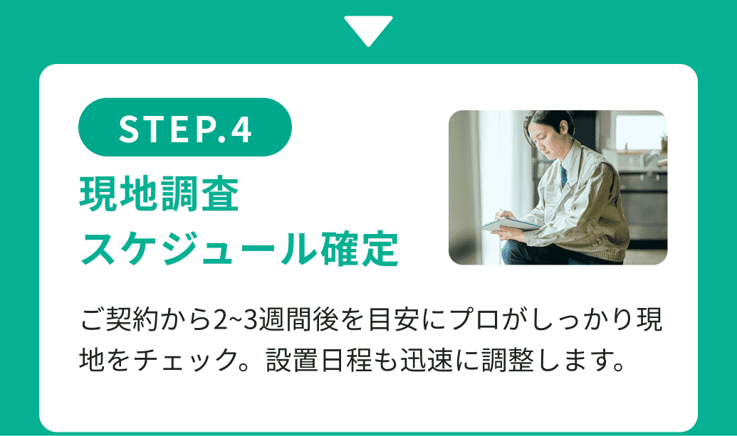 STEP.4現地調査・スケジュール確定 ご契約から2~3週間後を目安にプロがしっかり現地をチェック。設置日程も迅速に調整します。