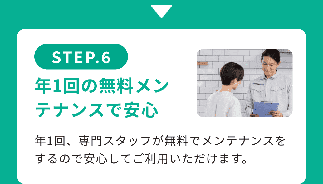 STEP.6年1回の無料メンテナンスで安心 年1回、専門スタッフが無料でメンテナンスをするので安心してご利用いただけます。